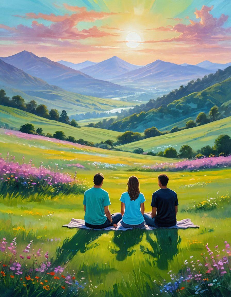 A serene landscape featuring a pair of people sitting cross-legged on a soft green meadow, surrounded by blooming wildflowers. They are engaged in a mindful conversation, with gentle expressions illustrating affection and understanding. Incorporate soft glowing light to symbolize emotional warmth, along with floating hearts made of light around them. Add a tranquil background with soft hills and a calm sky. painting. vibrant colors.