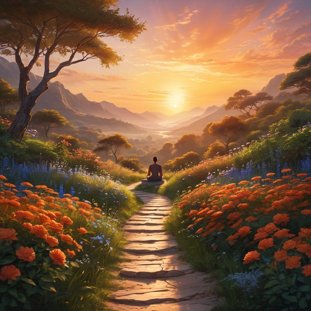 A serene landscape at sunrise, featuring a winding path leading through lush greenery and blooming flowers, symbolizing a journey of transformation. In the foreground, a person meditating in a peaceful pose, surrounded by soft, glowing light that represents soulful fulfillment. The sky transitions from deep blue to warm orange, reflecting hope and tranquility. super-realistic. vibrant colors. ethereal glow.