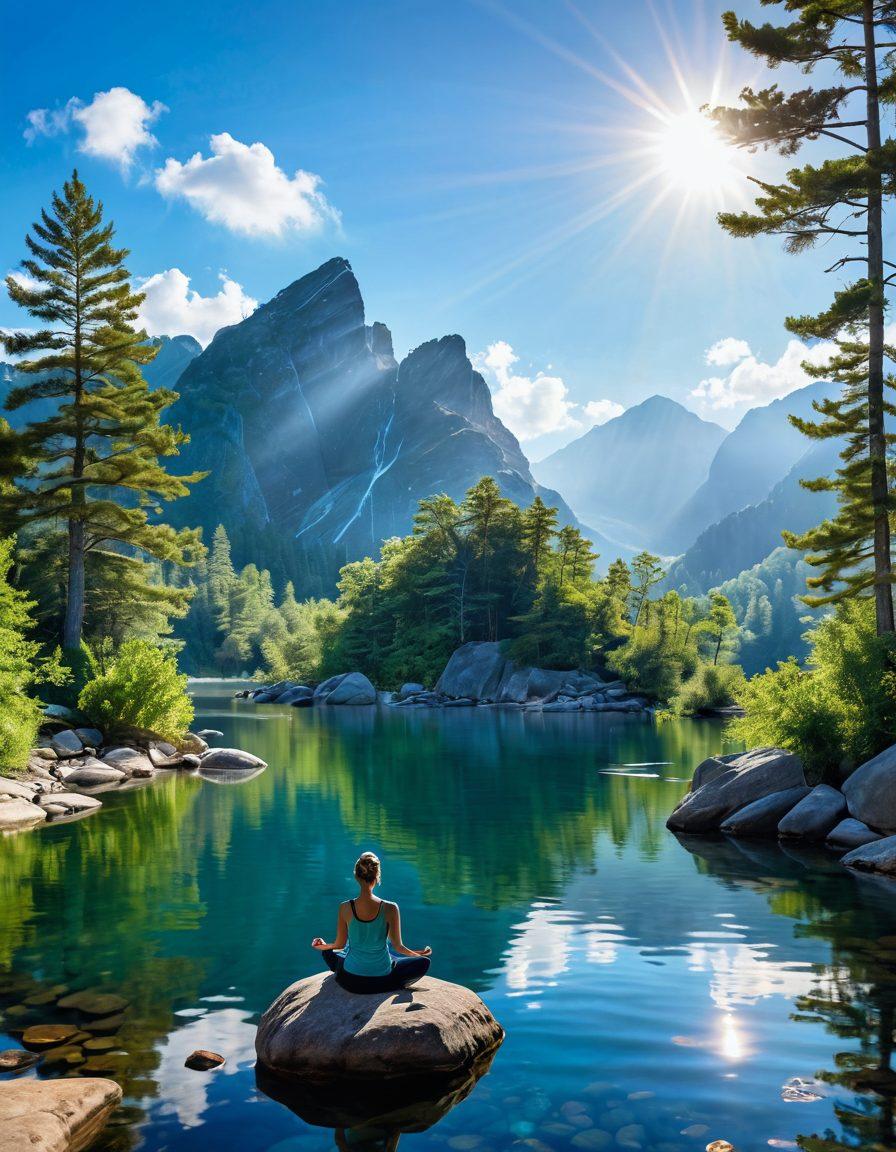 A serene landscape depicting a tranquil lake surrounded by lush, green mountains under a clear blue sky. In the foreground, a person meditating on a rock, radiating light that symbolizes self-love and emotional intelligence. Soft, ethereal colors create a peaceful atmosphere, with gentle rays of sunlight filtering through the trees. Include butterflies fluttering around to represent transformation and growth. painting. vibrant colors.